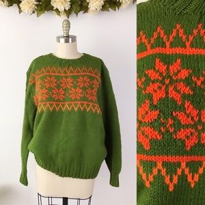Vintage Green Snowflake Sweater Cozy Chunky Knit